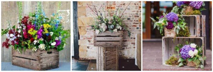 Four different pictures of flowers in wooden crates, providing ideas for wooden crate furniture.