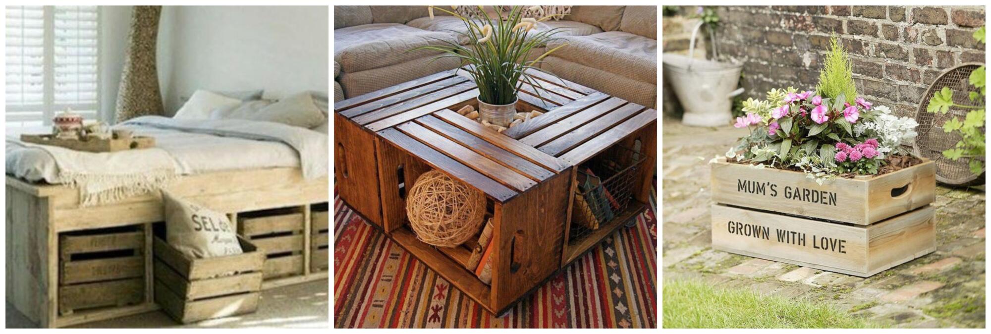 A collage of wooden crates and furniture for inspiring ideas.