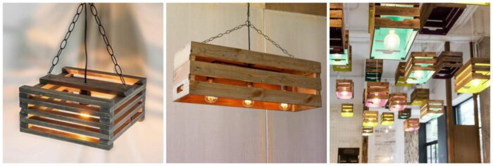 A series of photos showing different types of lights hanging from wooden crates, providing ideas for wooden crates furniture.
