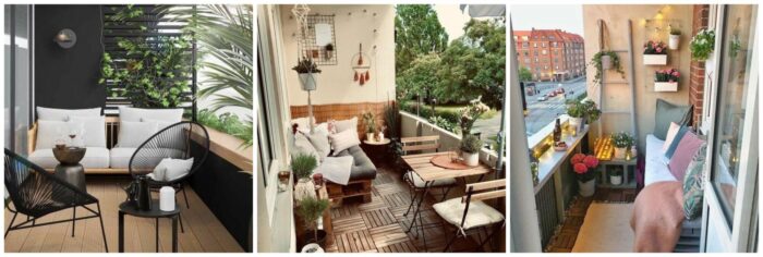 Four pictures showcasing balcony ideas with plants and furniture.