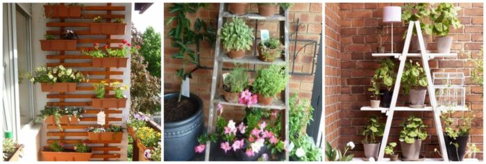 A series of photos showcasing balcony planter and pot ideas.