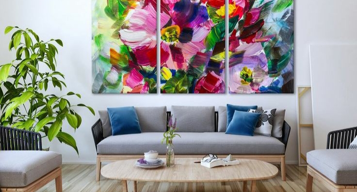 An abstract painting of lively colorful flowers for home decor.