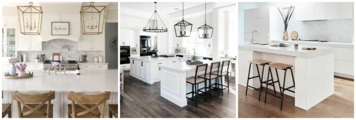 Four pictures of a white kitchen, providing ideas for white kitchen design and bar stool arrangements.
