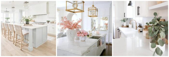 A collage of pictures showcasing white kitchen ideas with pink flowers.