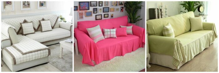 A series of photos demonstrating easy steps to refresh your home with different types of couch covers.