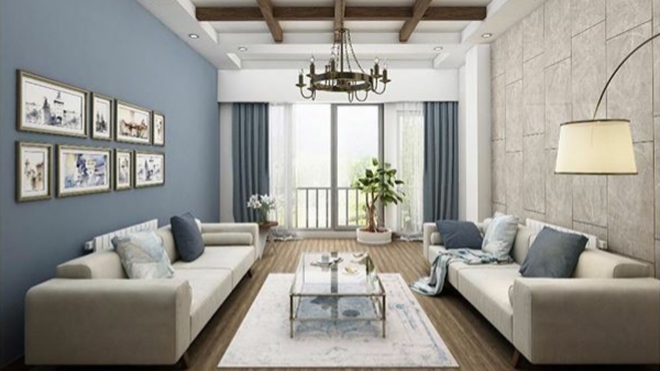 Easy steps to refresh your home with a living room featuring blue walls and white furniture.