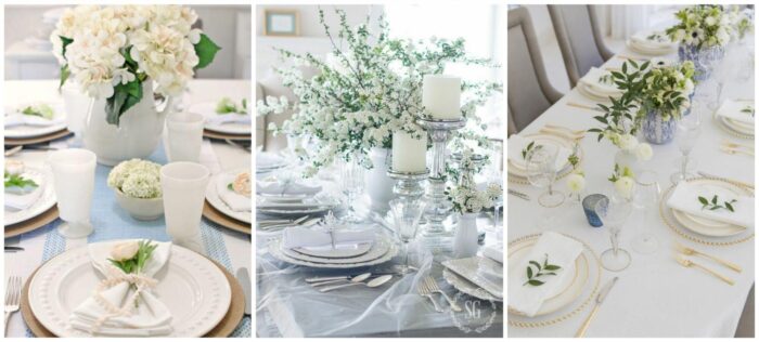 A collage of pictures featuring an elegantly arranged white and gold dining table setting.