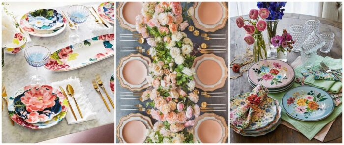 A collage of arranged floral table settings.