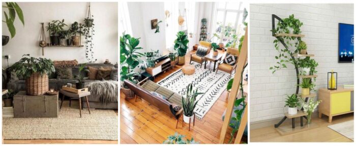 Four pictures of a living room with an abundance of plants, showcasing spring home decor.