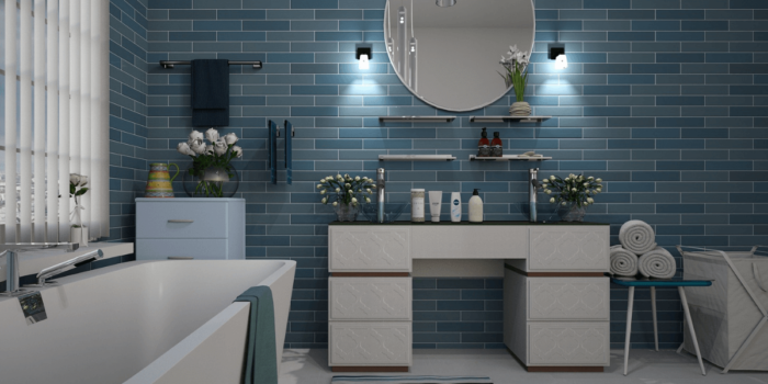 A bathroom with blue tiled walls and a bathtub, improved design.