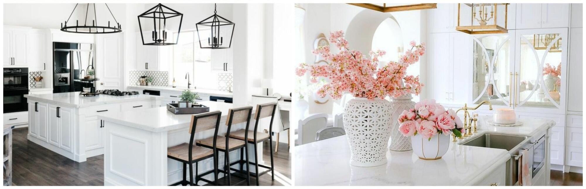 A white kitchen adorned with pink flowers and a chandelier, showcasing creative ideas for a bright space.