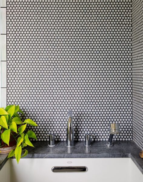 A penny tile bathroom with a potted plant.