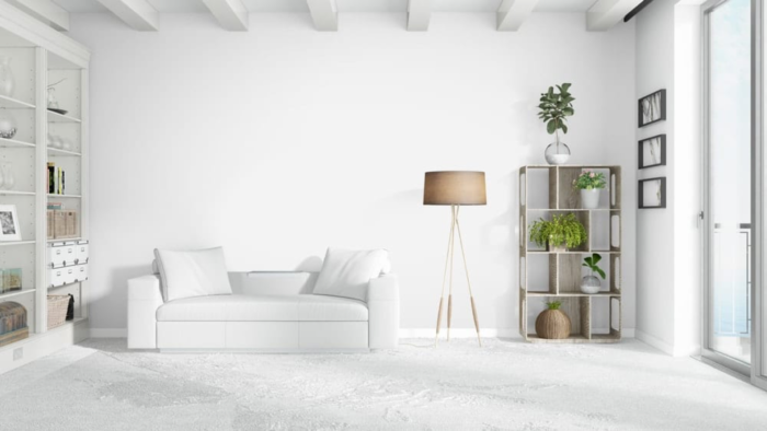 A white living room with a white couch and bookshelf.