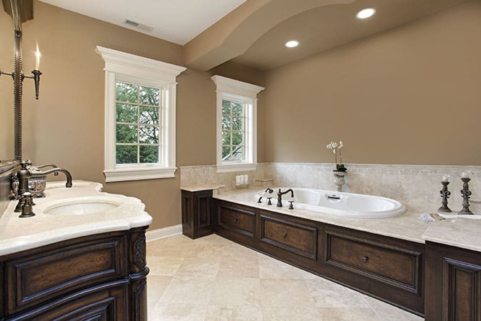 A Craftsman-Style bathroom with two sinks and a bathtub.