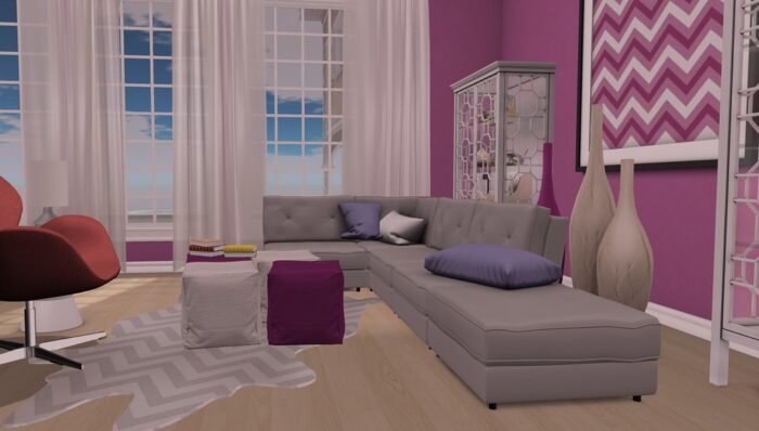 A 3D rendering of a living room with pink walls.