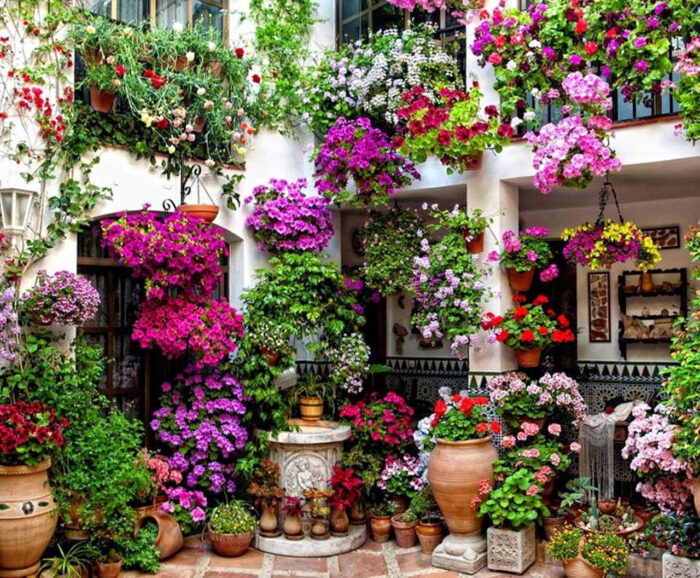 A hanging garden with potted plants and flowers.