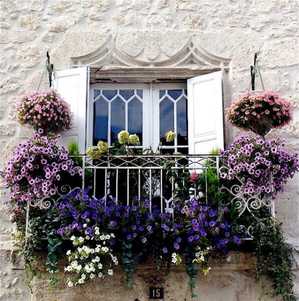 An enchanting stone building adorned with a blossoming window and elegant white shutters.