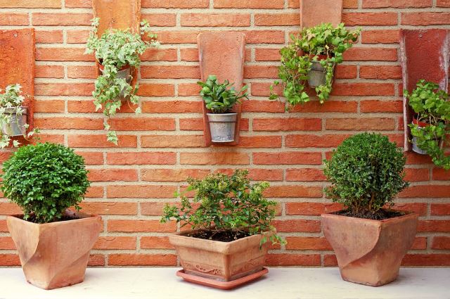 A hanging garden of potted plants on a brick wall.