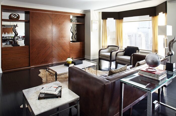 Black floor adds a sense of sleek sophistication to the living room