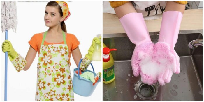 Two pictures of a woman in a pink apron disinfecting dishes.