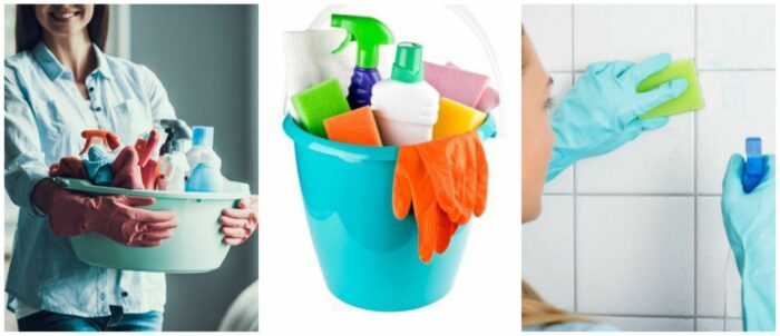 A woman is disinfecting her home with a bucket of cleaning supplies.