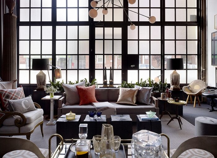 Frosted glass windows add inimitable style to the large living room