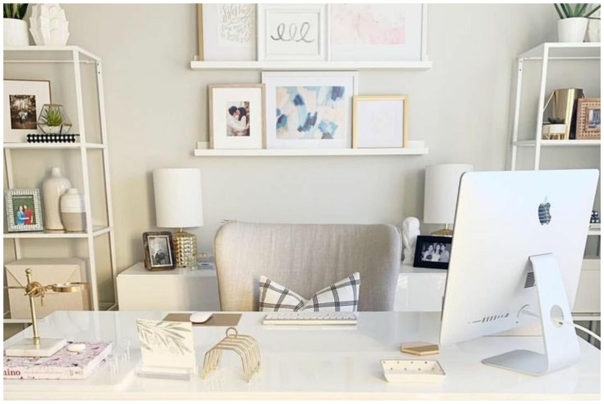 An ideal home office with a white desk and shelves.