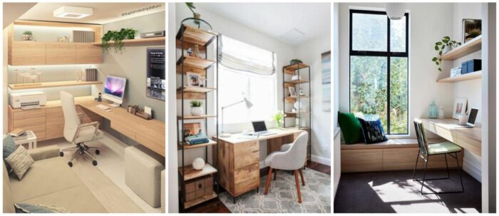 Four pictures of an ideal home office with a desk and bookshelf.