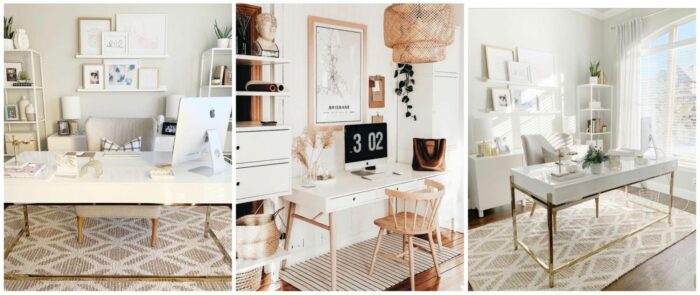 Four pictures of an ideal white and gold home office.