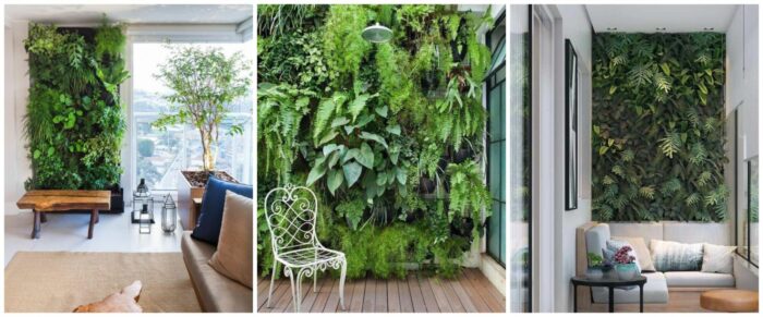 Four pictures of a vertical garden in a living room.