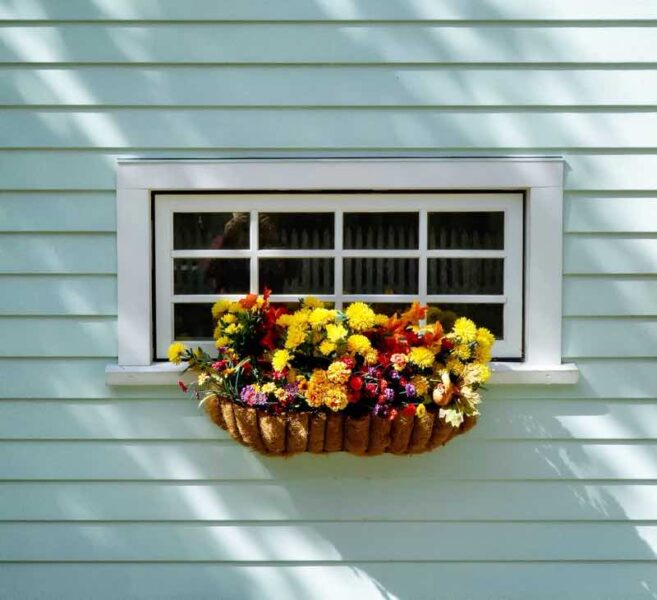A flower garden in a window box on a blue house.