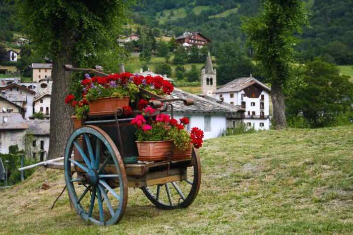 A wooden cart with flowers from a flower garden sits in front of a village.