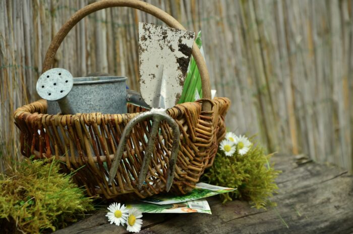 A wicker basket filled with gardening tools and flowers for Gardening Tips.