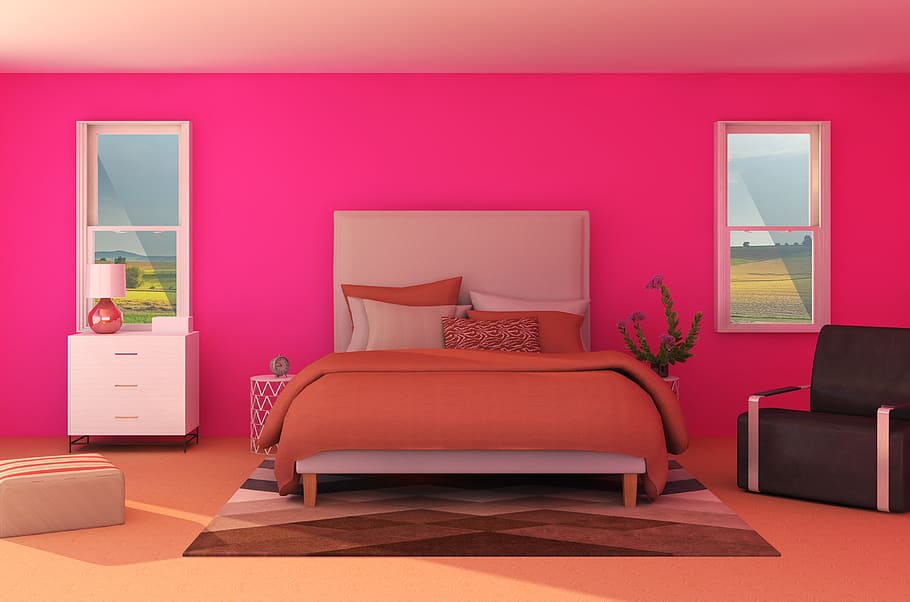 A 3D rendering of a bedroom with a colorful pink wall.