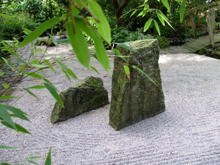 Zen garden with rocks and bamboo.