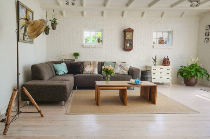 A living room with a couch and a coffee table transformed into a vegetable garden.