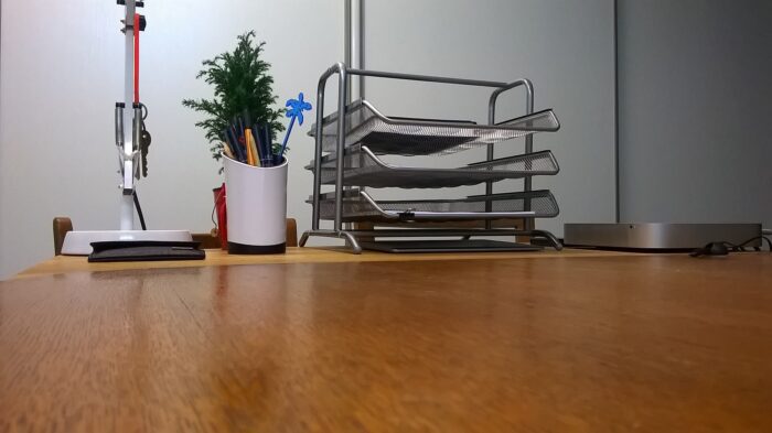 A decluttered desk with a plant and a lamp.