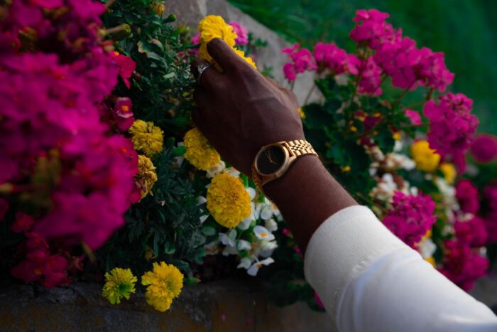 A person wearing a watch is touching a flower, creating a decorative scene.