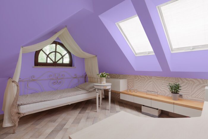 A room with purple walls.