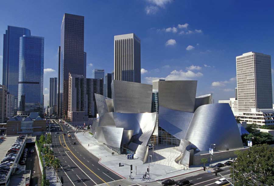 The Walt Disney Concert Hall in Los Angeles showcases stunning metal architecture.