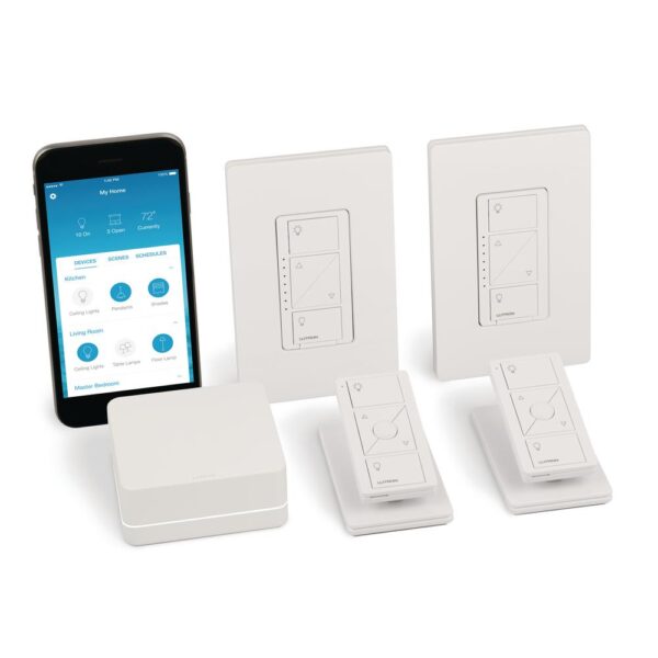 A smart light switch and a smartphone in a white surface, showcasing smart home architecture.