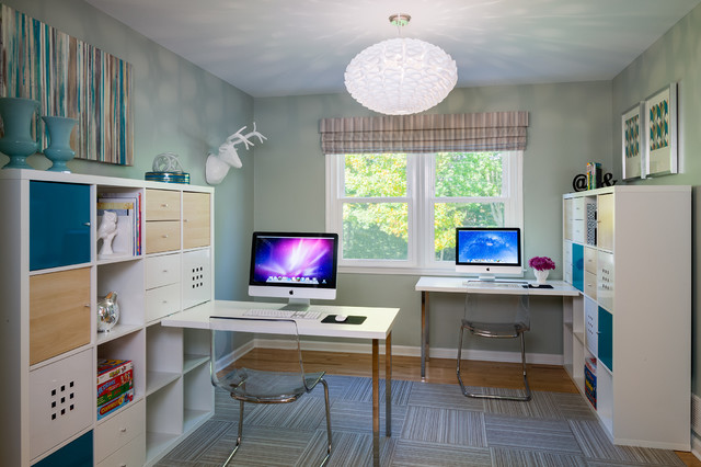 Study room design ideas featuring a home office with two desks and a computer.
