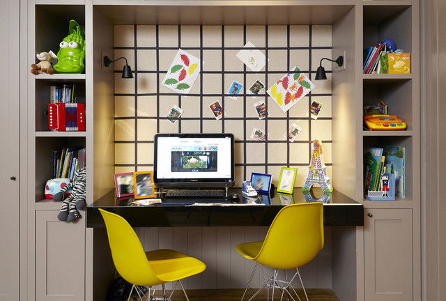 Creative study room design ideas for children with a desk and yellow chairs.