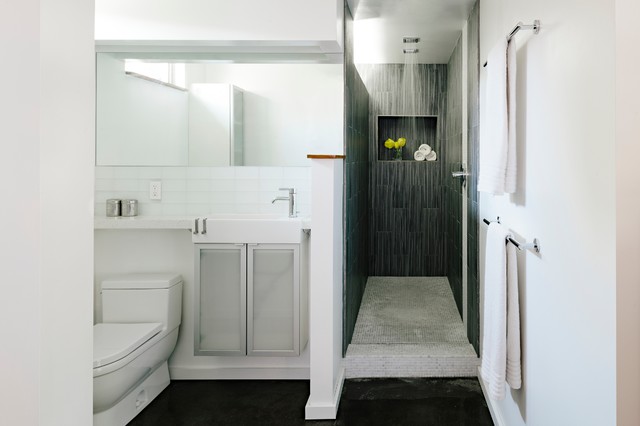 A small bathroom with a sleek shower design.