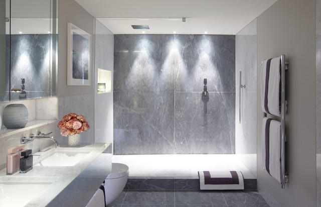 A modern bathroom with shower design ideas.