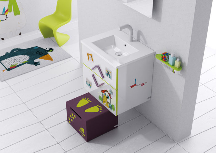 A vibrant and playful kids' bathroom featuring a colorful sink and stool.