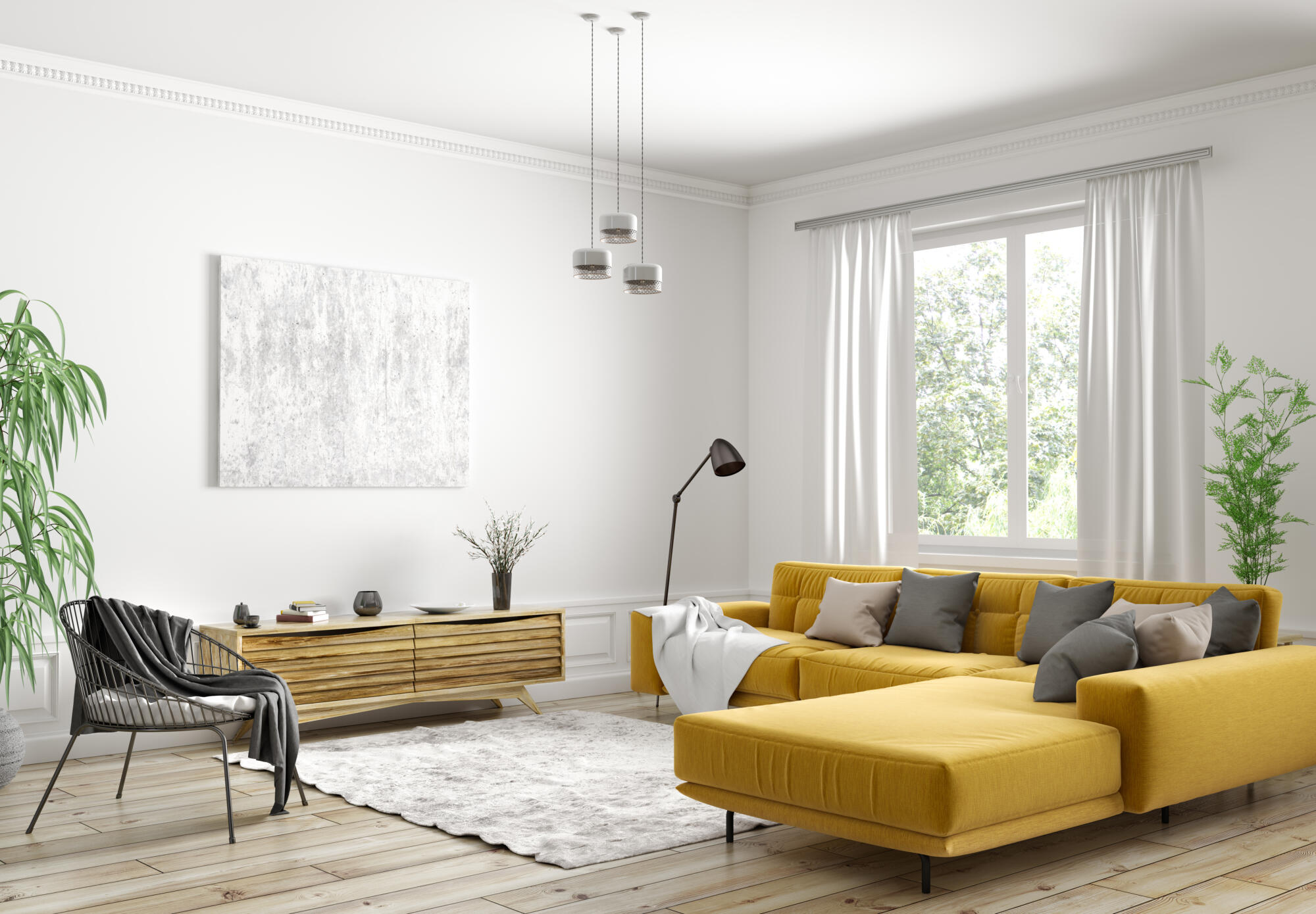 A yellow living room with wooden floors and a yellow sofa, creating a Scandinavian modern look for your home.