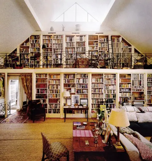 A spacious home library filled with bookshelves.