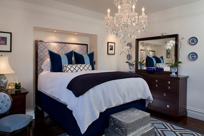 One of many blue and white bedroom chandelier ideas.