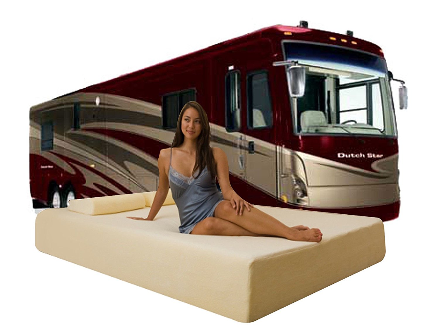 A woman sitting on a mattress in front of an RV, determining the perfect size of your memory foam mattress.